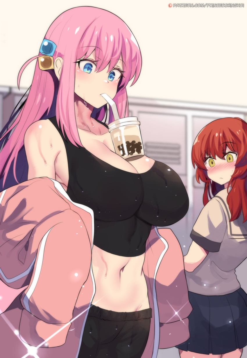 2girls big_breasts blush bocchi_the_rock! breasts bubble_tea checking_out cleavage color drink_on_breasts female_only glistening gotou_hitori hinghoi implied_yuri kita_ikuyo large_breasts locker_room midriff pink_hair princesshinghoi school_uniform sweaty_body sweaty_breasts tank_top toned_belly toned_female toned_stomach unaware