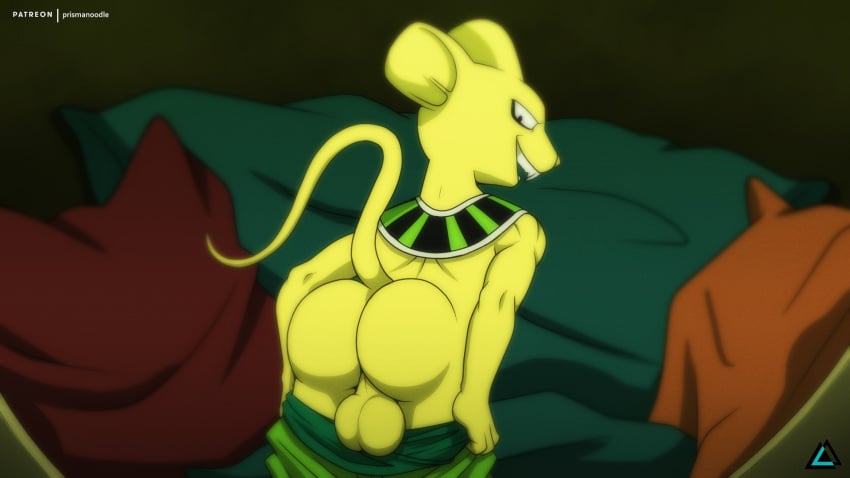 anthro ass balls big_balls bottomwear clothing dragon_ball dragon_ball_super genitals hi_res looking_at_viewer looking_back male male_only mammal mouse murid murine open_mouth pants presenting presenting_hindquarters prismanoodle_(artist) quitela rodent smile solo topwear yellow_body