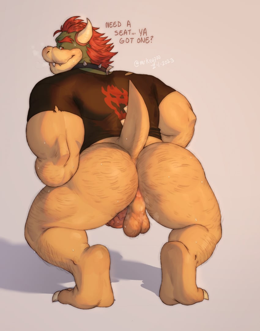 2023 anthro anus ass backsack balls barefoot bedroom_eyes big_butt big_muscles bodily_fluids body_hair bottomless bowser bubble_butt butt_hair claws clothed clothing collar crouching dated dialogue english_text erection eyebrows feet genitals grey_background hair hi_res horn huge_butt humanoid_genitalia humanoid_penis imminent_facesitting inviting koopa leg_hair looking_at_viewer looking_back looking_back_at_viewer male male_only mario_(series) mrkeypoo muscular muscular_anthro muscular_male musk narrowed_eyes nintendo penis perineum scalie seductive shadow shirt signature simple_background smile soles solo spiked_collar spikes standing sweat t-shirt talking_to_viewer teeth text topwear url