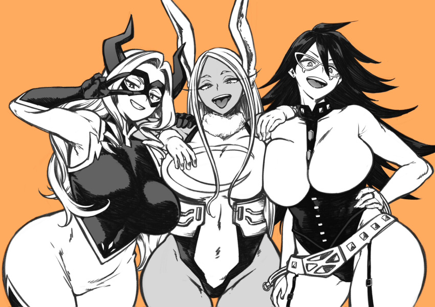 3girls animal_ears asian belt big_breasts black_hair blonde_hair bodysuit breast_on_breasts breast_squish breasts dark-skinned_female dark_skin eye_mask grin hand_on_hip hand_on_shoulder hero_outfit_(mha) horns japanese kyugata large_breasts leotard light-skinned_female light_skin long_hair looking_at_viewer midnight_(my_hero_academia) miruko monochrome mount_lady my_hero_academia naughty_face nemuri_kayama peace_sign photo plain_background pov rabbit_ears rumi_usagiyama smile smiling smiling_at_viewer superheroine teeth thick_thighs thigh_gap thin_waist tongue tongue_out white_hair wide_hips yuu_takeyama