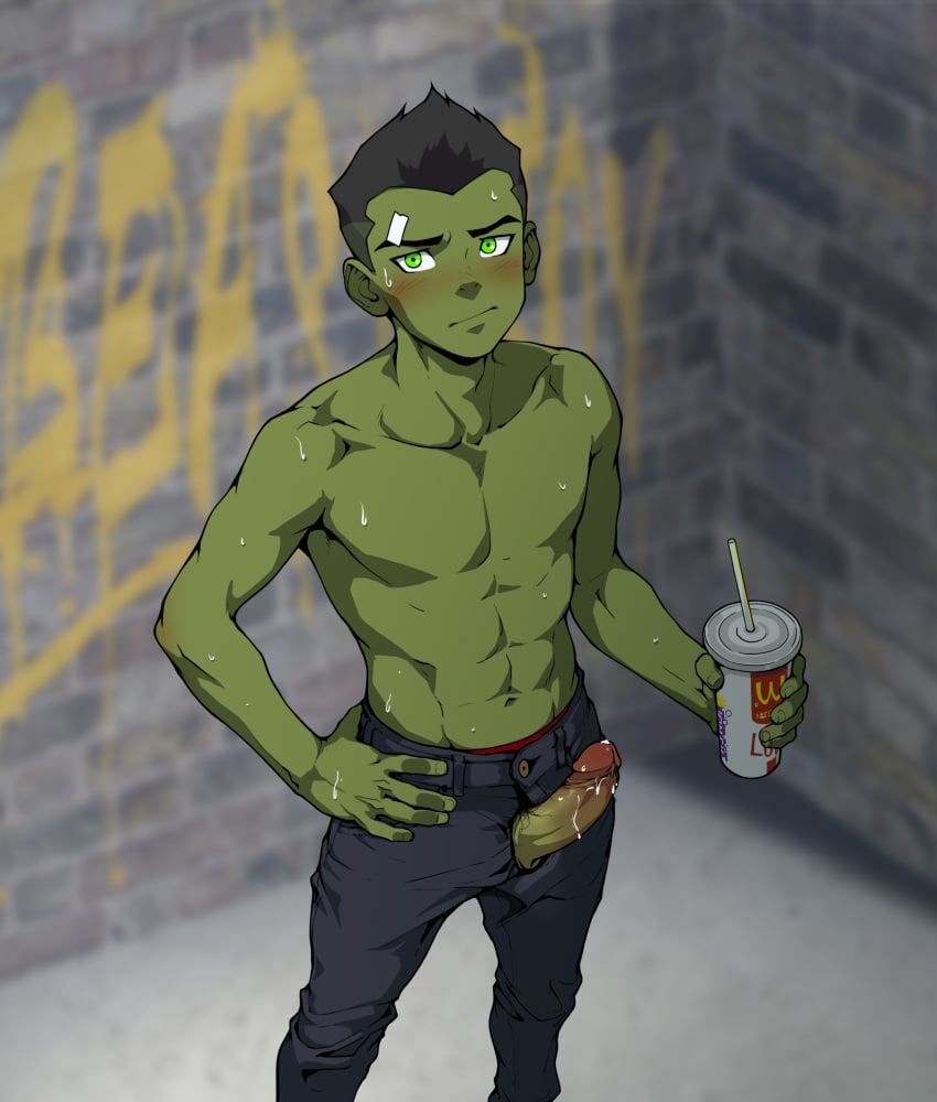 beast_boy beast_boy_(young_justice) betm boner cum dc dc_comics erection garfield_logan gay gay_sex green_body green_eyes green_hair green_skin male male_only solo sweating sweaty sweaty_body yaoi young_justice young_justice:_outsiders