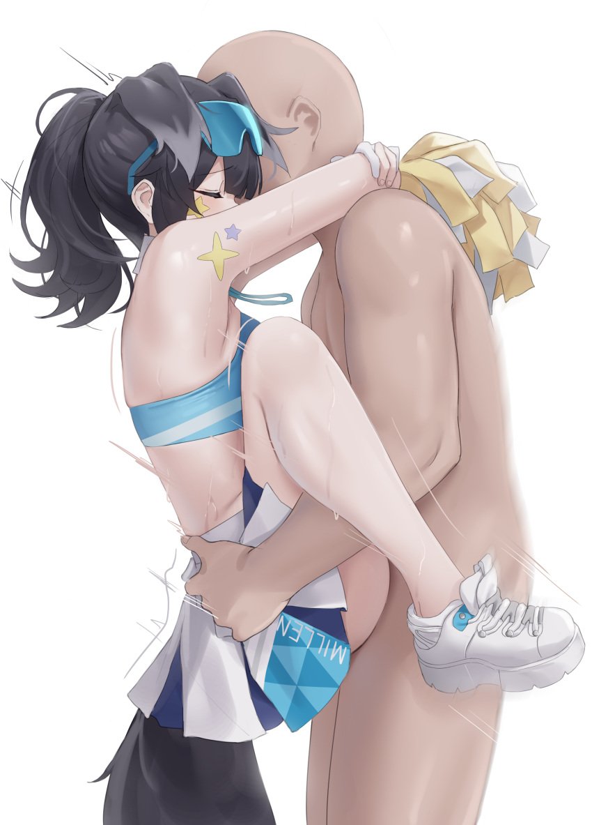 1boy absurdres animal_ears arms_around_neck bare_shoulders black_hair blue_archive blush cheerleader clothed_sex crop_top dog_ears dog_girl dog_tail engineering_department_(blue_archive) eyewear_on_head facial_mark female goggles goggles_on_head hibiki_(blue_archive) hibiki_(cheer_squad)_(blue_archive) hibiki_(cheerleader)_(blue_archive) highres lifting_person millennium_cheerleader_outfit_(blue_archive) millennium_science_school_student motion_lines official_alternate_costume pom_pom_(cheerleading) sex shengtian shoes skirt sneakers standing star_(symbol) star_facial_mark star_sticker straight sweat tail text_print upright_straddle white_skirt