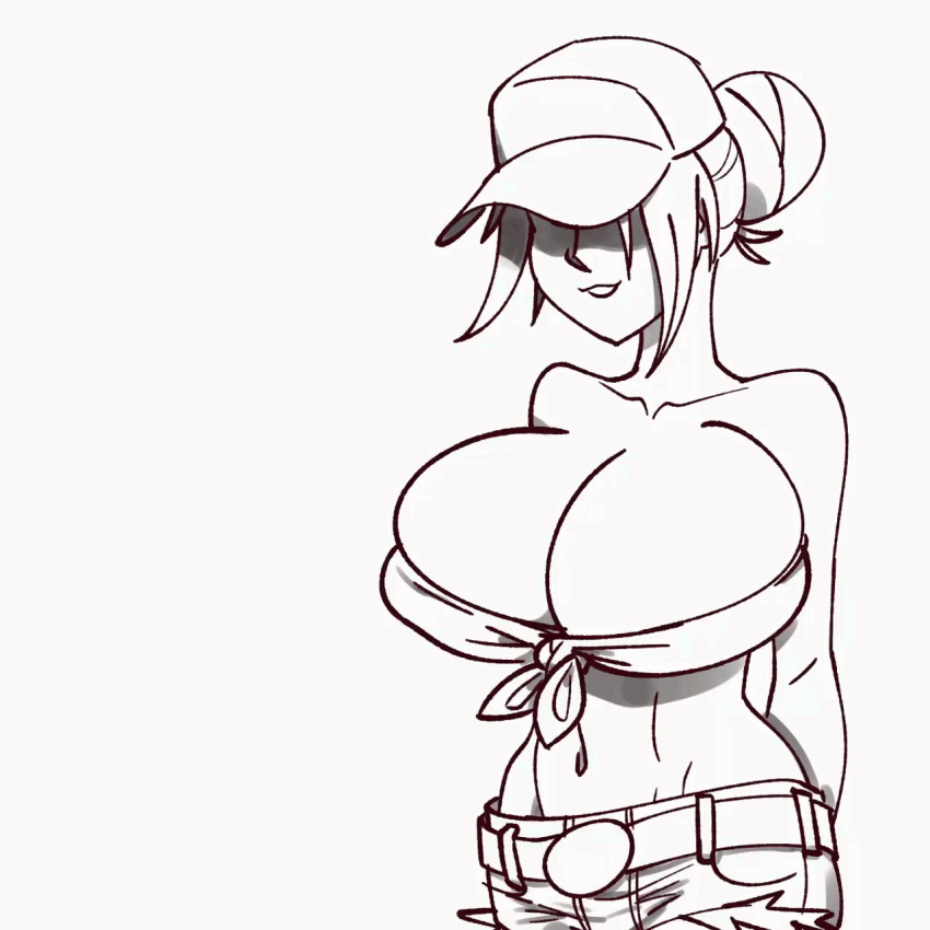 animated animated animated big_breasts black_and_white booty_shorts breasts crocodraws female jumping midriff oc original original_character short_hair shorts smile smiling solo solo_female thighs