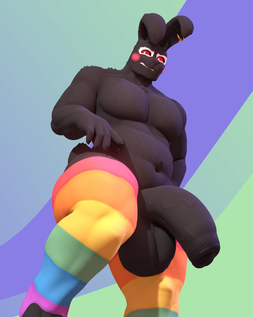 anthro anxiboi biceps big_penis black_body black_fur brush clothing demon ear_piercing ear_ring footwear fur gay gay_pride gay_pride_colors genitals hi_res lagomorph leporid lgbt_pride long_tail male mammal muscular muscular_male pecs penis piercing pride_color_clothing pride_colors rabbit ring_piercing simple_background slightly_chubby socks solo solo_male tail wide_hips zarek_(anxiousanxiety)