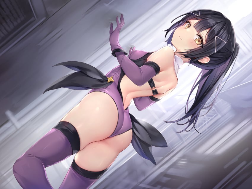 1girls against_wall ass big_ass black_hair blush come_hither elbow_gloves fate/kaleid_liner_prisma_illya fate_(series) from_behind hairclip haishiki hi_res legwear leotard looking_at_viewer looking_back miyu_edelfelt ponytail purple_legwear solo standing thighhighs yellow_eyes