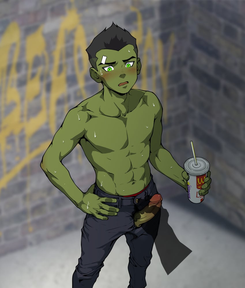 beast_boy beast_boy_(young_justice) betm boner dc dc_comics erection garfeild_logan gay green_body green_eyes green_hair green_skin male male_only sweaty sweaty_body yaoi young_justice young_justice:_outsiders