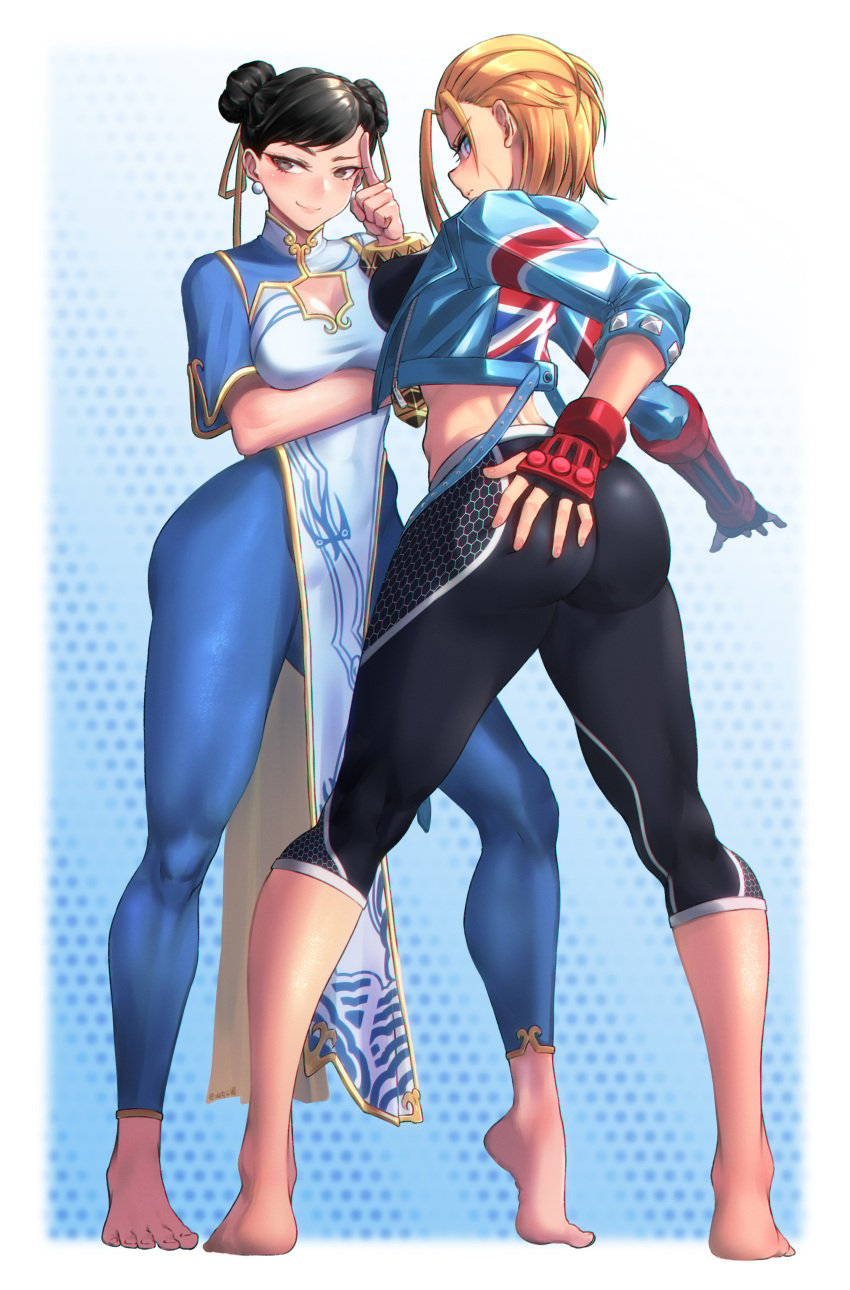 2girls absurdres ass barefoot big_ass black_hair blonde_hair blue_eyes blue_thighhighs bracelet breasts bubble_ass bubble_butt bun_cover cammy_white capcom chun-li cleavage double_bun facial_scar feet female female_only full_body gloves hair_bun highres jewelry large_breasts leotard looking_at_viewer looking_back medium_breasts medium_hair multiple_girls red_gloves scar scar_on_cheek scar_on_face spiked_bracelet spikes street_fighter street_fighter_6 thick_thighs thighhighs thighs thong_leotard toes unitard yamauchi_(conan-comy)