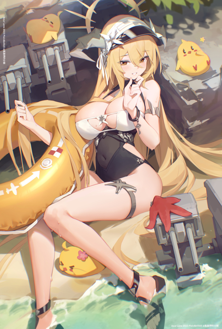 1girls 4animals azur_lane beach big_breasts bkclo3 blonde_hair blush boob_window cleavage eyebrows_visible_through_hair female female_only horns implacable_(azur_lane) light-skinned_female light_skin manjuu_(azur_lane) outside royal_navy_(azur_lane) sand sandals solo starfish turret water yellow_eyes