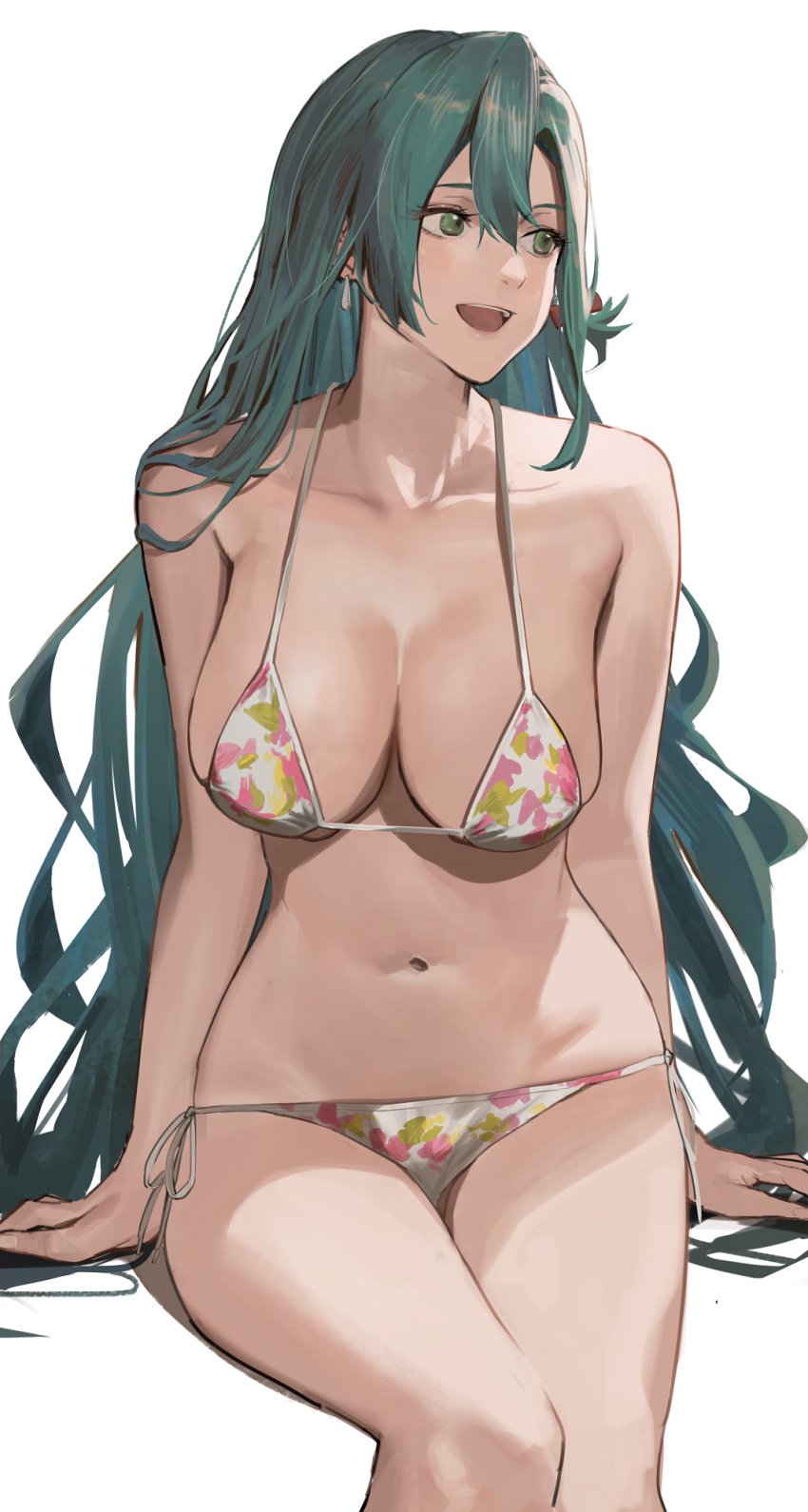 1girls alternate_costume aqua_hair bare_legs bare_shoulders bikini braid breasts chloe_(fire_emblem) cleavage ear_piercing earrings female female_only fire_emblem fire_emblem_engage floral_print flower_bikini green_eyes green_hair halterneck highres j@ck jewelry large_breasts long_hair micro_bikini navel nintendo open_mouth plain_background side-tie_bikini_bottom simple_background sitting smile solo string_bikini swimsuit teardrop_earring thighs variant_set very_long_hair white_background white_bikini white_swimsuit