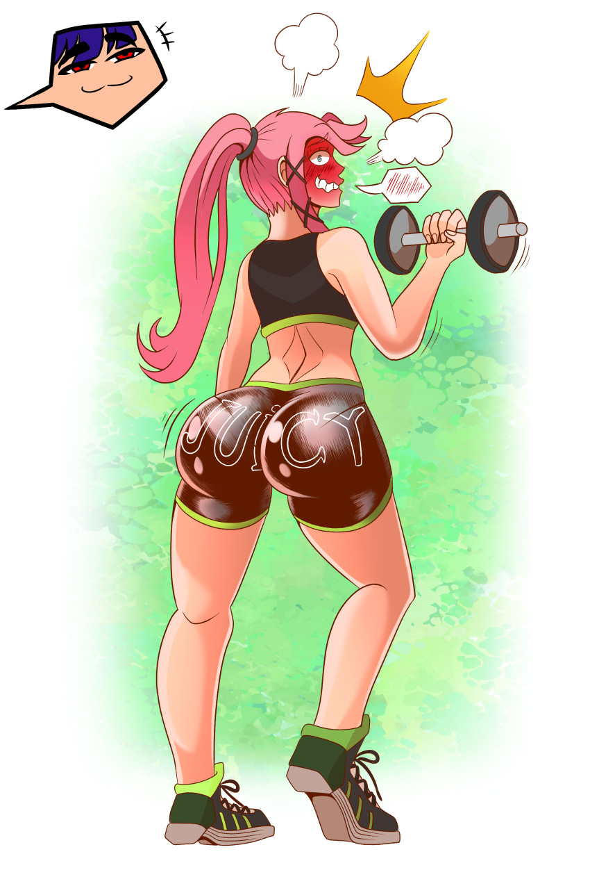 ass awkward_smile big_ass big_butt bike_shorts blue_eyes blush bubble_ass bubble_butt clothed dat_ass dual_dragon embarrassed from_behind gym_clothes gym_shorts lifting lifting_weights looking_at_viewer looking_back oc original_characters pink_hair ponytail simple_background smile smug spats text_on_clothing text_on_shorts thick_ass weightlifting workout_clothes