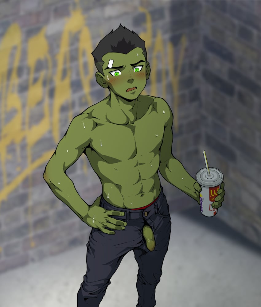 1boy abs athletic_male bandage_on_face beast_boy beast_boy_(young_justice) betm black_hair blush dc dc_comics flaccid flaccid_penis foreskin garfield_logan green_eyes green_hair green_skin holding_drink human intact jeans lean_muscle long_foreskin male male_only male_pubic_hair masculine mcdonald's muscles muscular_male pecs penis penis_out penis_through_fly pubes smooth_penis smooth_skinned_male solo sweaty sweaty_body topless uncut unretracted_foreskin young_justice young_justice:_outsiders