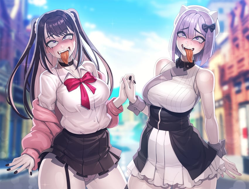 2girls ahe_gao alternate_breast_size big_breasts brainwashing female female_only fully_clothed holding_hands huge_ass kaga_nazuna kaga_sumire large_breasts lycra_(artist) pre-transformation thick_thighs tongue_out transformation virtual_youtuber vspo! wide_hips