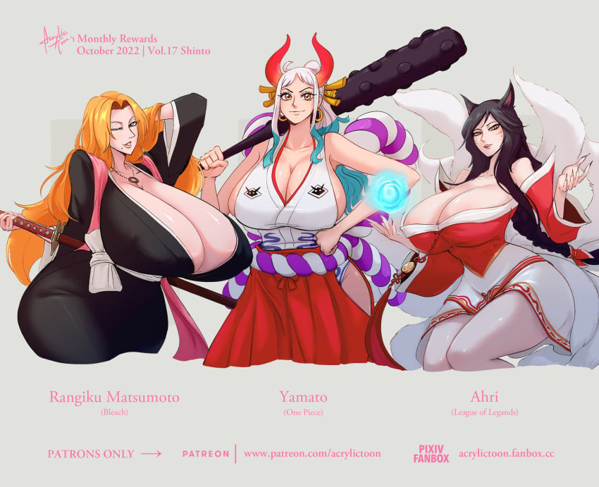 2022 3girls 9_tails acrylictoon ahri animal_ears bare_shoulders black_dress black_kimono bleach breasts cleavage club club_(weapon) crossover curvy dress eastern_and_western_character english_text eyelashes female female_focus female_only fox_ears fox_girl fox_tail gigantic_breasts grey_background grey_eyes highres hip_vent holding holding_club holding_weapon horns huge_breasts japanese_clothes kanabou kimono league_of_legends long_hair looking_at_viewer magic matsumoto_rangiku miko mole mole_under_mouth multiple_girls multiple_tails nine_tailed_fox one_eye_closed one_piece orange_hair over_shoulder ponytail red_horns shiny_skin sideboob skin_tight slit_pupils smile standing sword tail thick_thighs thighs vastaya weapon weapon_over_shoulder white_hair wide_hips wink yamato_(one_piece) yellow_eyes