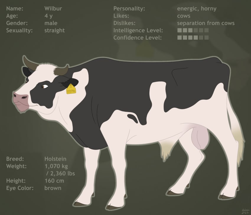 anatomically_correct animal animal_genitalia animal_penis bovid bovine bovine_balls bovine_penis brown_eyes cattle ear_tag feral genitals hi_res holstein_friesian_cattle hooves horn information_list looking_away male mammal model_sheet penis reference_image reinderworld signature smile smirk solo