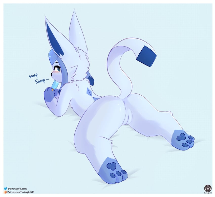 absurd_res anthro anus eeveelution female feral food generation_4_pokemon genitals glaceon hi_res looking_back lying nintendo on_front pawpads pokemon pokemon_(species) popsicle pussy senz solo sploot tail text url