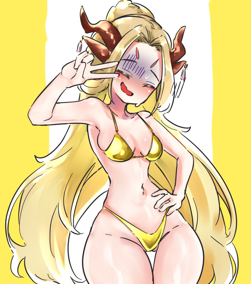 1girls belly_button bikini blonde_hair breasts dragon_girl dragon_horns embarrassed female female_only gold_bikini horn_ornament horns light-skinned_female light_skin medium_breasts neuatong nezoukit solo swimsuit v_sign virtual_youtuber vtory