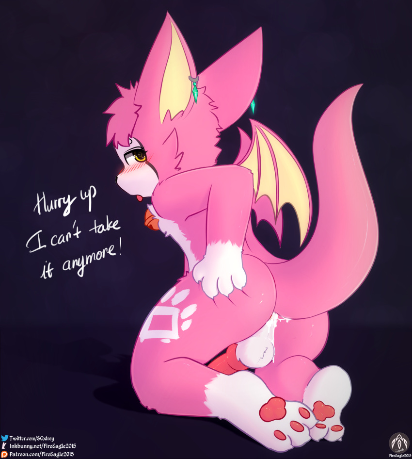 absurd_res anthro aroused ass balls bat bat_wing behind_view bell blush bodily_fluids butt_grab cum cum_in_ass cum_inside dust:_an_elysian_tail ear_piercing ear_ring genital_fluids genitals hand_on_butt hi_res kneeling lune_(lunesnowtail) male mammal nimbat pawpads penis piercing presenting presenting_hindquarters ring_piercing senz solo text tongue tongue_out