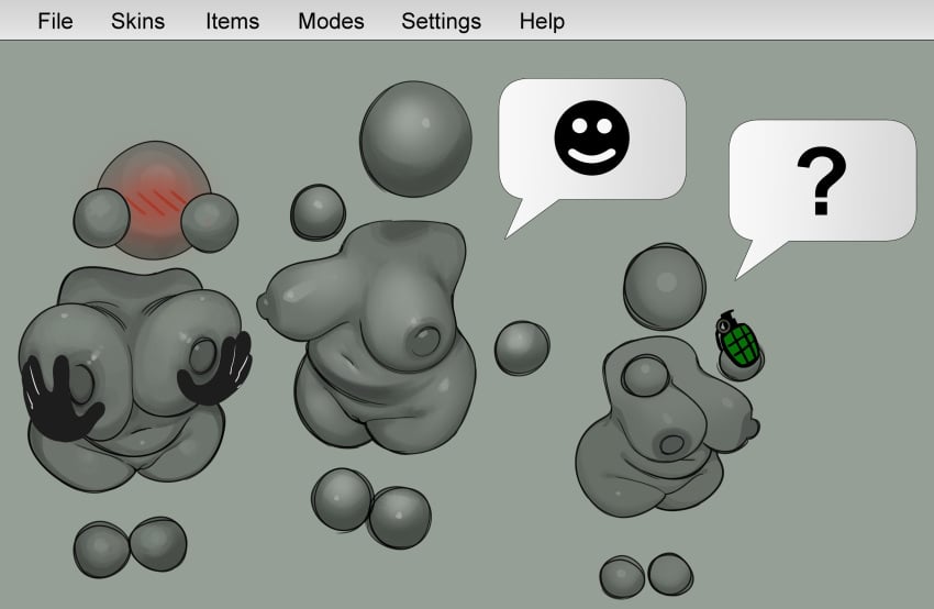 big_breasts blush breast_grab chubby_belly chubby_female disembodied_hands disembodied_head embarrassed embarrassed_female emoji emote glacierclear gray_body gray_skin grenade grey_body grey_skin groping groping_breasts interactive_buddy no_arms no_legs no_neck question_mark smiley_face