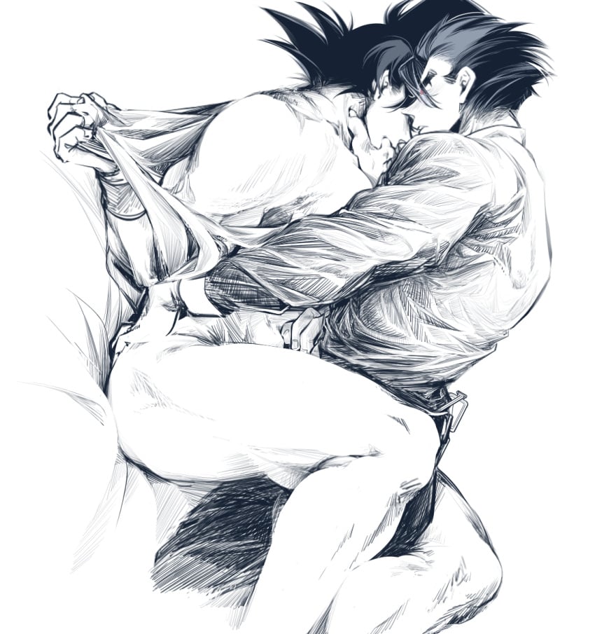 2boys ass bara bed bottomless dragon_ball finger_to_another's_mouth gay greyscale highres incest large_pectorals lying male_focus monochrome multiple_boys muscular muscular_male naked_shirt on_back on_bed open_clothes open_shirt pants pectorals powersalad2022 shirt short_hair son_gohan son_goku spiked_hair thick_thighs thighs wristband yaoi