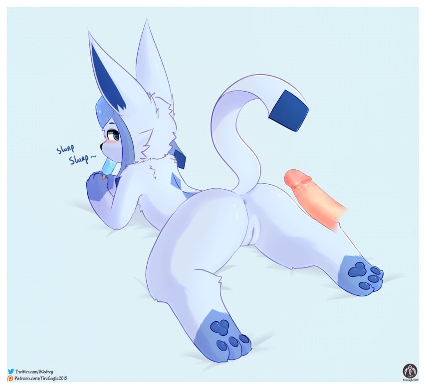 absurd_res anus disembodied_penis eeveelution female food generation_4_pokemon genitals glaceon hi_res looking_back lying male nintendo on_front pawpads penis pokemon pokemon_(species) popsicle pussy senz sploot tail text url