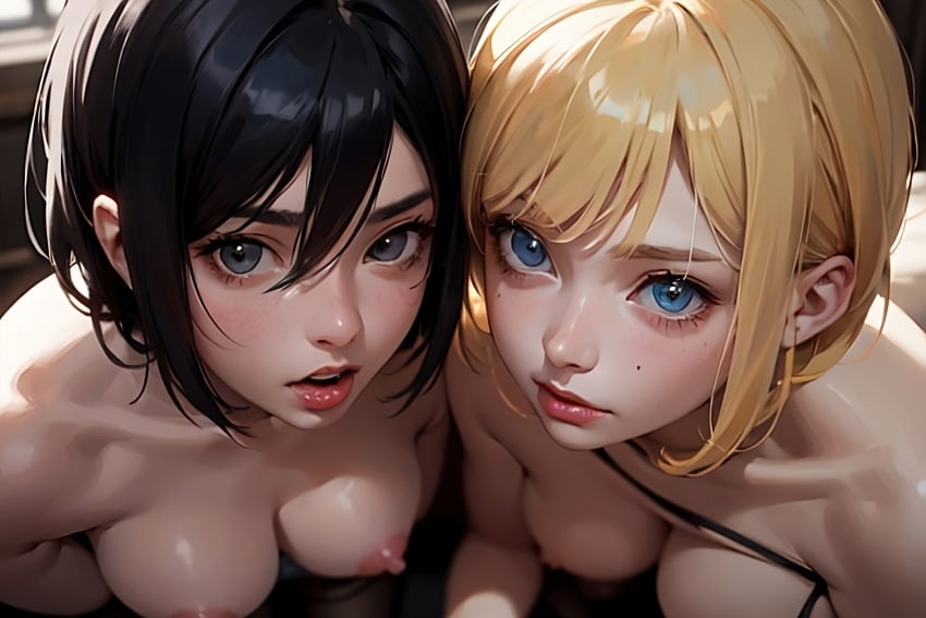 2girls ai_generated attack_on_titan black_hair blonde_hair blue_eyes blush bondage brown_hair close-up female female_focus female_only historia_reiss looking_at_viewer mikasa_ackerman naked nipples open_mouth pixai