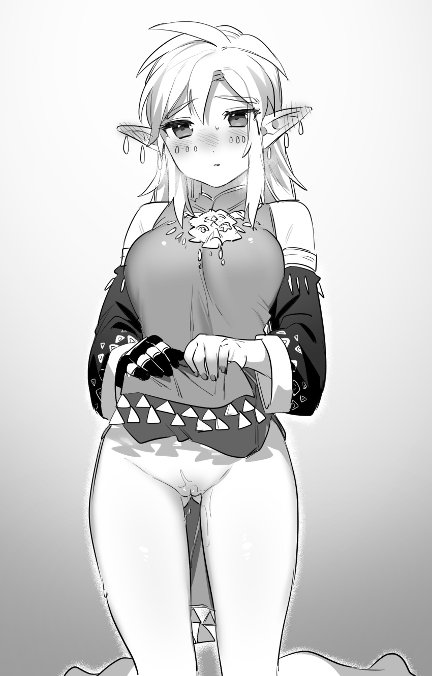 ass_visible_through_thighs bare_shoulders blush breasts colored_skin detached_sleeves earrings female genderswap_(mtf) gradient_background grey_background greyscale hair_between_eyes highres jewelry kneeling large_breasts link long_hair long_sleeves monochrome pointy_ears pussy pussy_juice ring rule_63 solo tears_of_the_kingdom the_legend_of_zelda ttanuu. wet