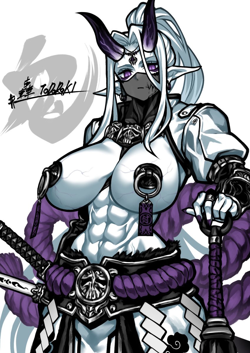 abs big_breasts curvy demon demon_girl exposed_chest exposed_torso horns huge_breasts long_hair looking_at_viewer mature_female midriff muscular muscular_female oni original original_character pasties pointy_ears ponytail purple_eyes veil weapon white_hair white_skin yuto_noirm08