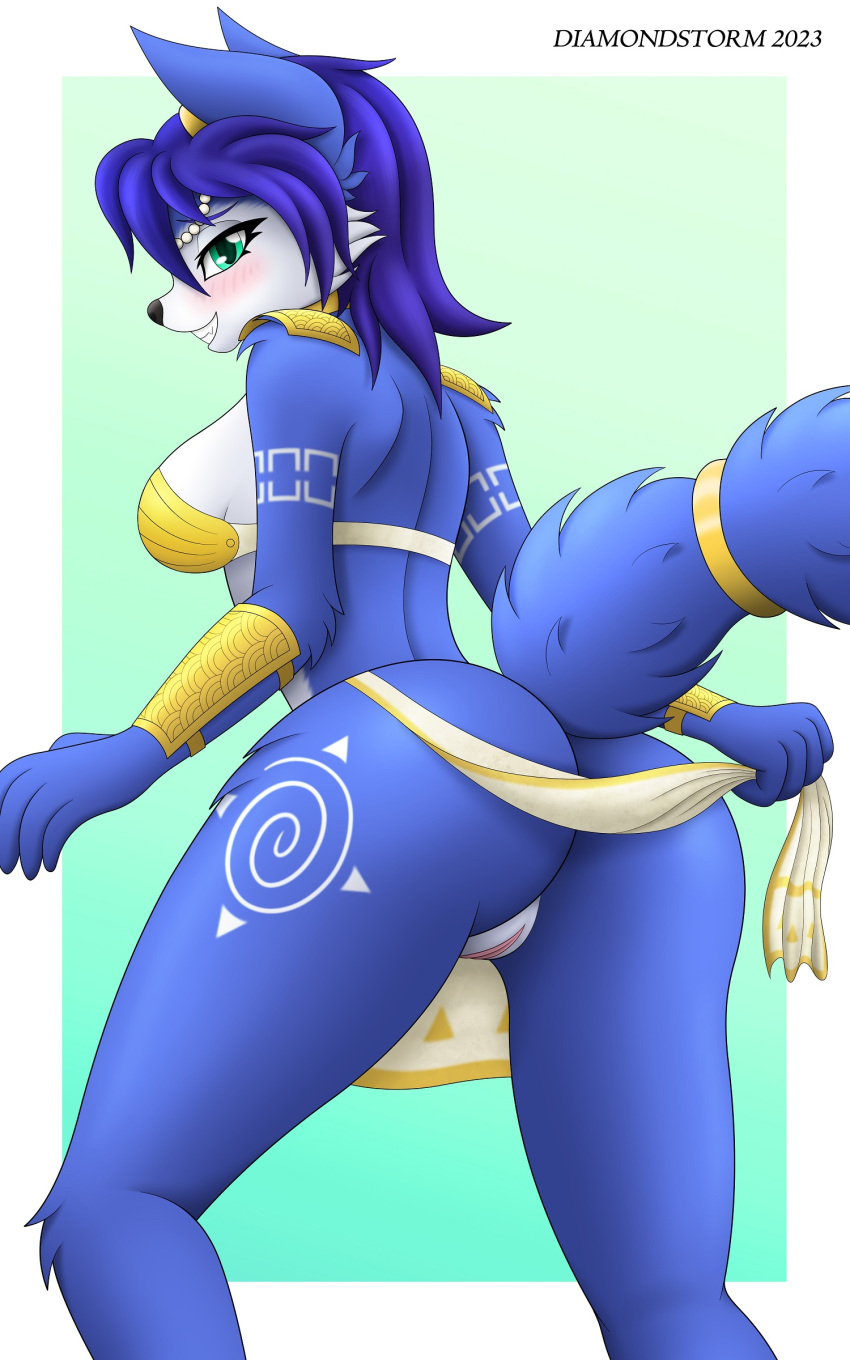 2023 absurd_res anthro artist_name ass blue_body blue_fur breasts canid canine diamondstorm digital_media_(artwork) female fox fur hi_res krystal mammal nintendo solo star_fox teeth thick_thighs wide_hips year