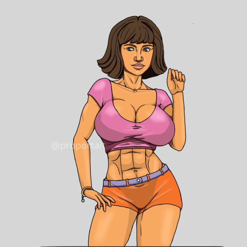 big_breasts breasts brown_hair clothed clothed_female clothing color colored dora_marquez dora_the_explorer female female_only grey_background muscular muscular_female nick_jr nickelodeon nickjr orange_shorts proportait short_dress solo solo_female tight_clothing