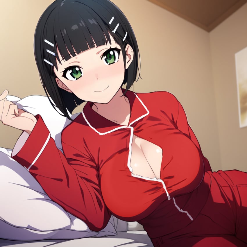 ai_generated black_hair blush cleavage clothed green_eyes kirigaya_suguha large_breasts red_pajamas sword_art_online undressing