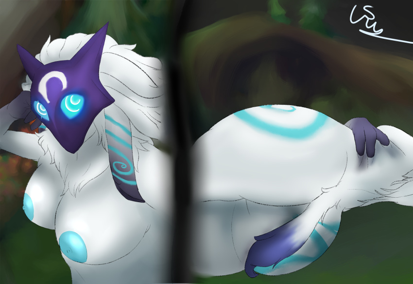 anthro areola ass big_breasts big_butt blue_body blue_eyes blue_fur breasts female fur hair hi_res kindred lamb_(league_of_legends) league_of_legends long_hair looking_at_viewer mask plant purple_body purple_fur riot_games rusoide solo summoners_rift white_body white_fur white_hair wide_hips