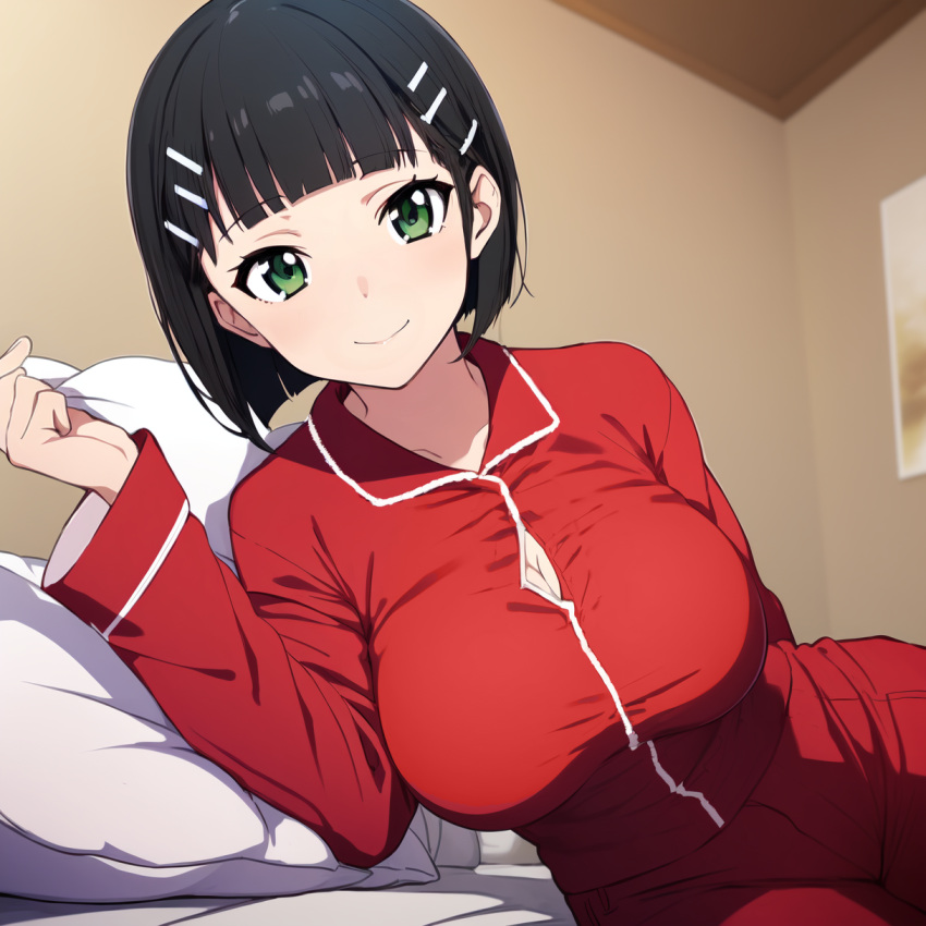 ai_generated black_hair blush cleavage clothed green_eyes kirigaya_suguha large_breasts red_pajamas sword_art_online undressing