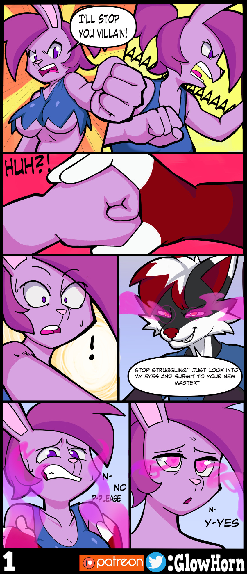 absurd_res anthro artifact_the_fox black_body black_fur blue_clothing blue_shirt blue_topwear breasts bunny_enid canid canine cartoon_network cheating_girlfriend clothing comic comic_page corruption dominant dominant_male domination duo english_text enid enid_(ok_k.o.!_lbh) female fox fur furry glowhorn grabbing_hand hair heart heart-shaped_pupils heart_eyes hi_res holding_shoulder infidelity lagomorph leporid magic male/female mammal mind_control ok_k.o.!_let's_be_heroes page_1 punch purple_fur purple_hair rabbit red_hair sharp_teeth shirt submissive_female surprised surprised_expression teeth topwear torn_clothes torn_clothing under_boob underboob white_fur white_hair