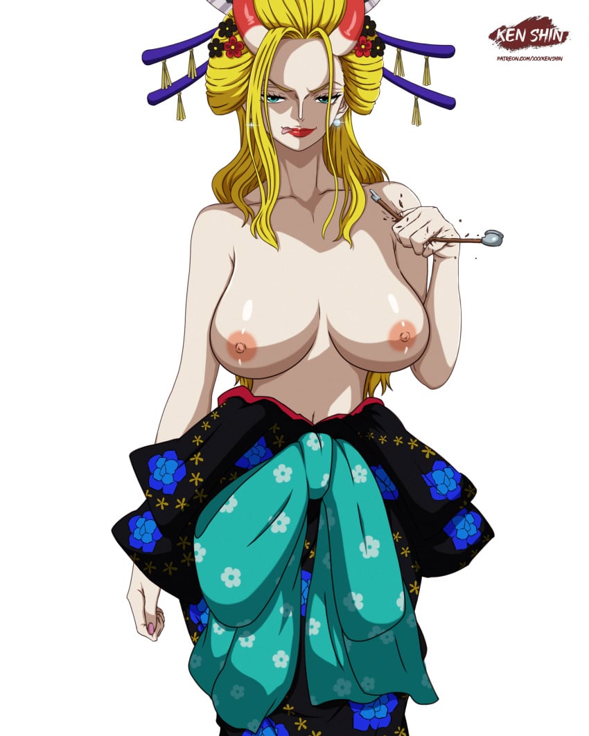 beast_pirates big_breasts black_maria blonde_hair breasts breasts_out cigarette_holder female female_only geisha giantess horn horns kimono kimono_down large_breasts one_piece topless topless_female wano_country xxxkenshin