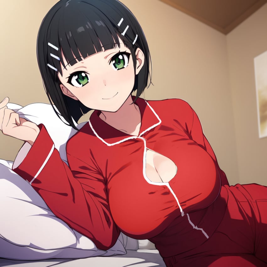 ai_generated black_hair blush cleavage clothed green_eyes kirigaya_suguha large_breasts red_pajamas sword_art_online undressing