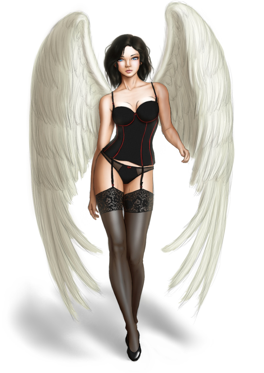 angel angel_wings astrakhan_lamb black_panties corset lingerie stockings strutting suspenders vanrichten