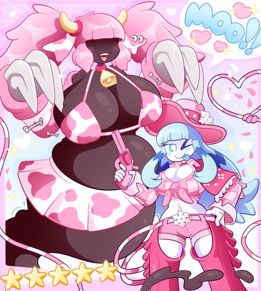 2girls big_breasts blargen69 blue_eyes cow_ears cow_girl cow_horns cow_print cowbell crop_top dark-skinned_female hat heart horns huge_breasts large_breasts larger_female looking_at_viewer moo pink_hair pink_hat shorts size_difference star thick_thighs tongue twintails white_skin wide_hips wink