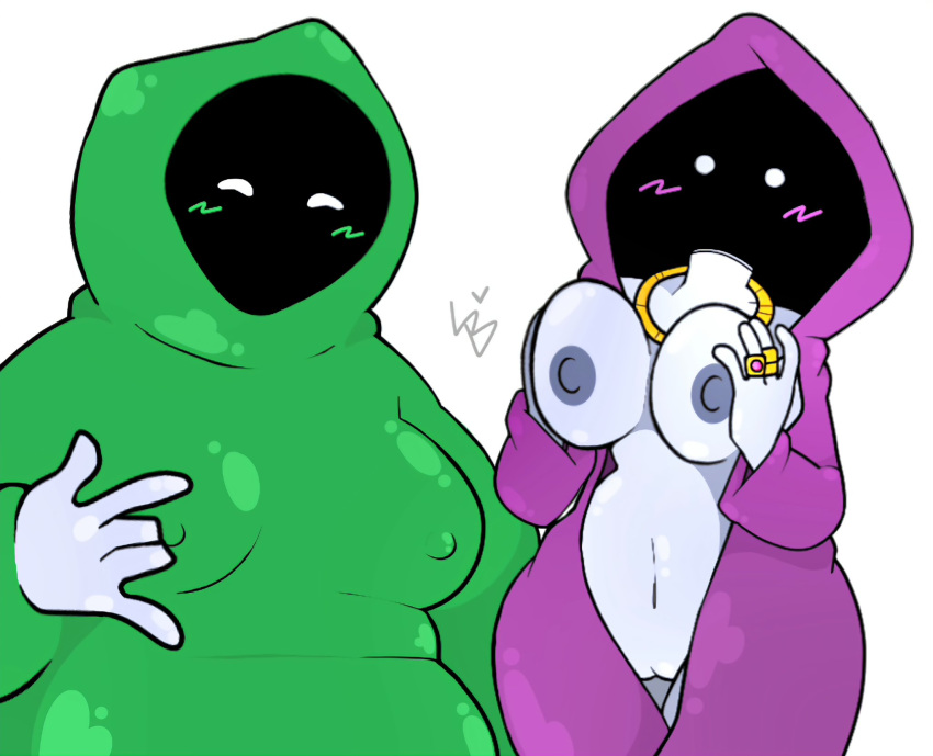 2girls ^_^ blush cloak duo eyes_only female female_only gold_necklace green_cloak hood hooded lavabutts multiple_girls necklace nipples_visible_through_clothing purple_cloak shadow_wizard_money_gang squishing_breasts standing white_background witch