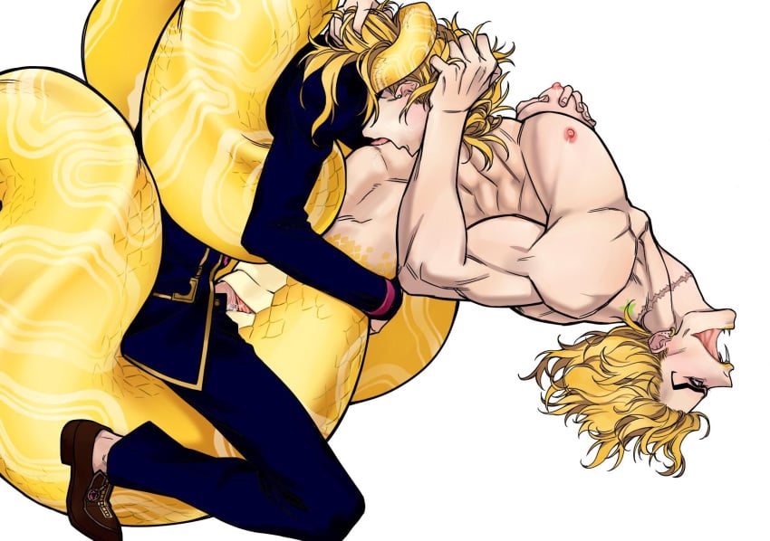 2boys birthmark blonde_hair brown_footwear cloaca completely_nude cuntboy cuntboy_with_male dio_brando earrings fangs father_and_son formal full_body giorno_giovanna grabbing grabbing_another's_hair highres huang_lia human incest intersex interspecies jewelry joestar_birthmark jojo's_bizarre_adventure licking long_sleeves looking_to_the_side male/male male_focus manboobs medium_hair monster_boy monsterification multiple_boys muscular muscular_male naga nipples nude open_mouth pectoral_grab pussy_juice scales scar scar_on_neck sex short_hair simple_background stardust_crusaders suit vaginal_penetration vento_aureo white_background yaoi yellow_lips yellow_scales