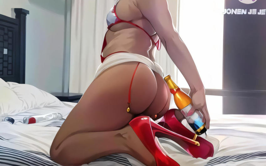 ai_generated ai_mirror beer beer_bottle nurse nurse_lingerie real_person red_bikini red_thong