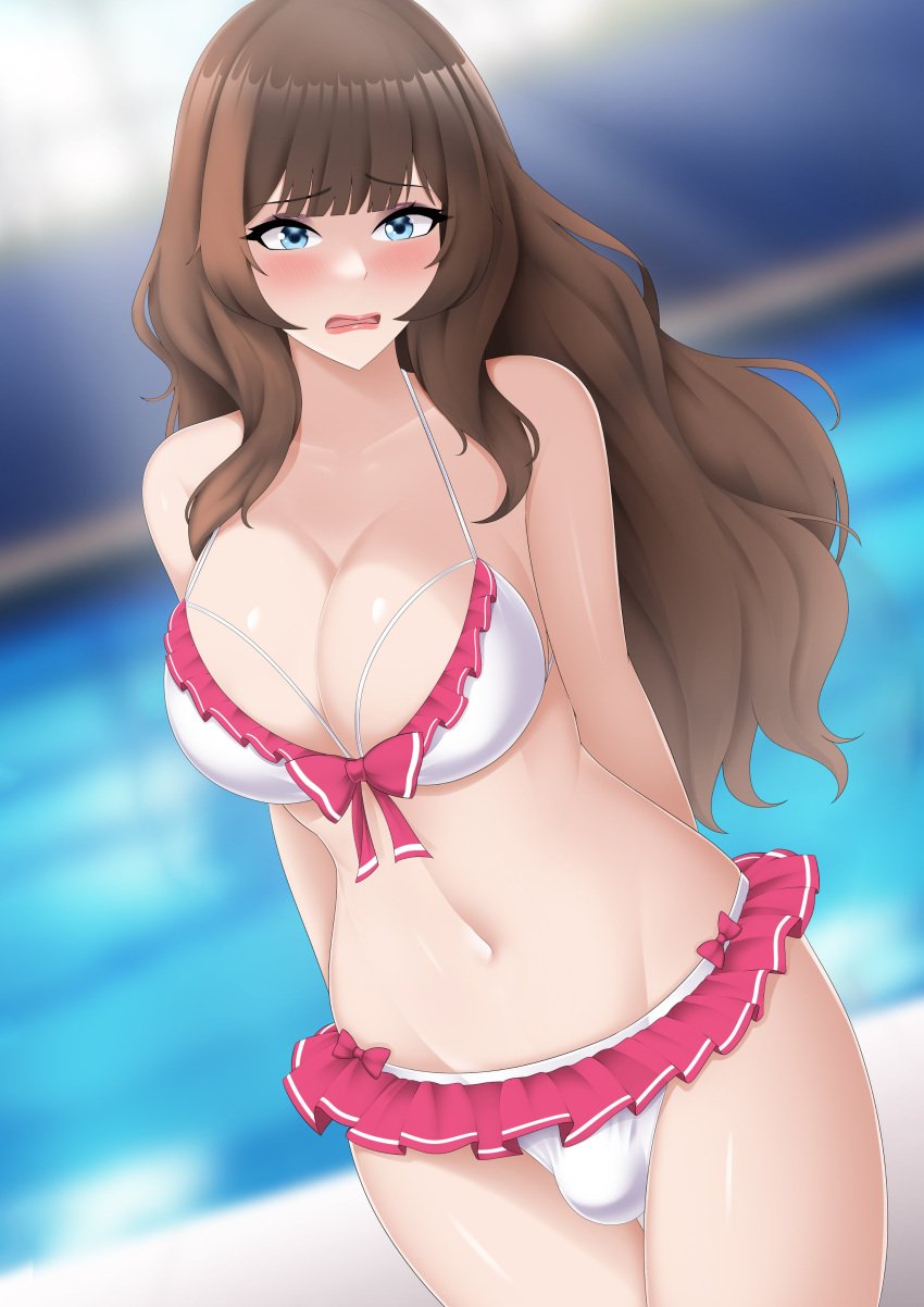 1futa 2023 bikini blue_eyes breasts brown_hair bulge clothed clothing color embarrassed futa_only futanari human jesscatg light-skinned_futanari light_skin long_hair maisie_(jesscatg) mostly_nude pool solo solo_futa standing swimsuit uncensored