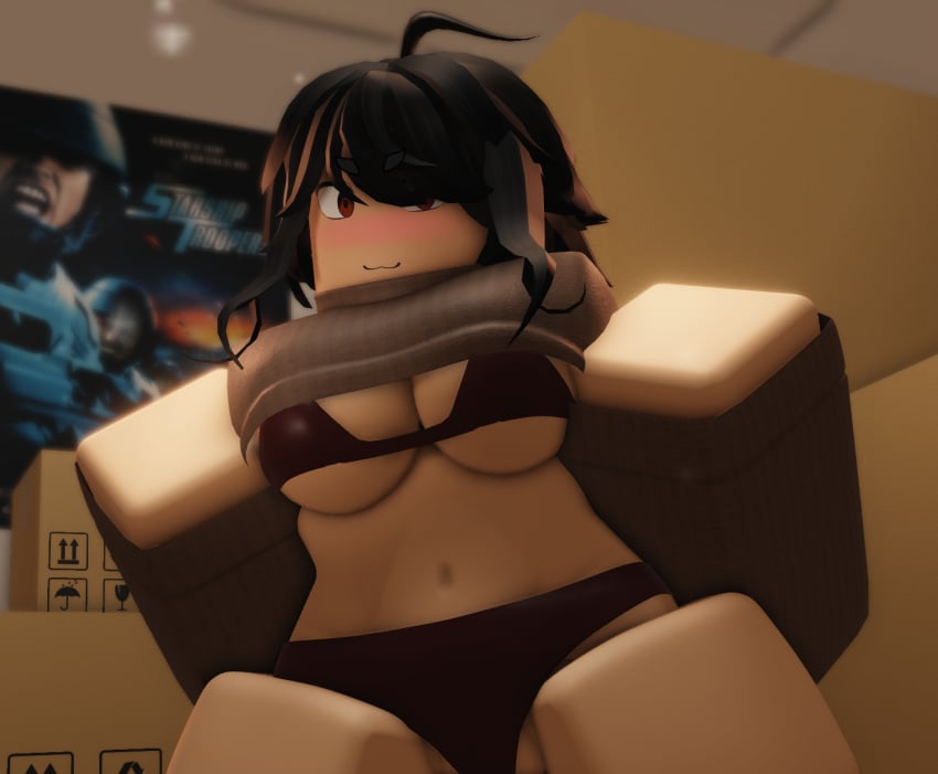 1girls 3d ahoge background belly_button big_breasts black_hair blush blushing blushing_at_viewer bra breasts_out female genderbend genderswap genderswap_(mtf) inviting_viewer may_(pptakkun) navel orange_eyes original_character panties pptakkun pulled_up_shirt roblox robloxian seductive_smile starship_troopers sweater thick_eyebrows underwear