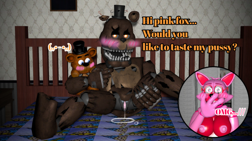 3d 3d_(artwork) andromorph andromorph/female cuntboy five_nights_at_freddy's five_nights_at_freddy's_4 fnaf_oc freddy_plush intersex nightmare_freddy pussy pussy_juice rule_63 yuuki_momofox