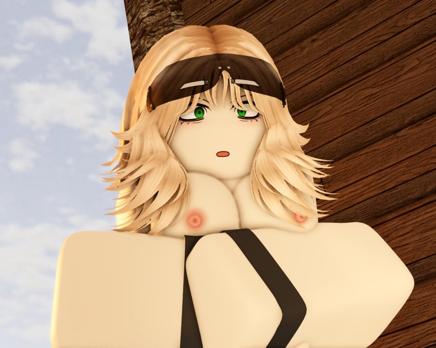 1girls 3d armband blonde_hair breast_squish breasts_out confused_look eye_contact eyeshadow female girly green_eyes human humanoid no_clothes nude open_mouth original_character pptakkun riley_(pptakkun) roblox robloxian shades shades_above_head thick_eyebrows woman