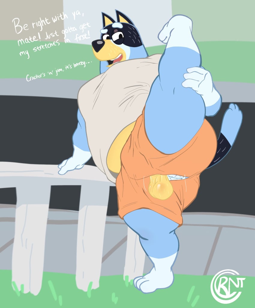 2023 absurd_res anthro ass australian_cattle_dog balls balls_slip bandit_(bluey) bandit_heeler belly big_butt biped blue_body blue_fur bluey_(series) bottomwear canid canine canis cattledog clothed clothing cocoronut dialogue digital_media_(artwork) domestic_dog english_text fully_clothed fur genitals grass herding_dog hi_res male male_only mammal open_mouth open_smile outside overweight overweight_anthro overweight_male pastoral_dog perineum plant raised_leg shirt shorts smile solo stretching superchub tail teeth text thick_thighs tongue topwear torn_bottomwear torn_clothing torn_shorts yellow_body yellow_fur