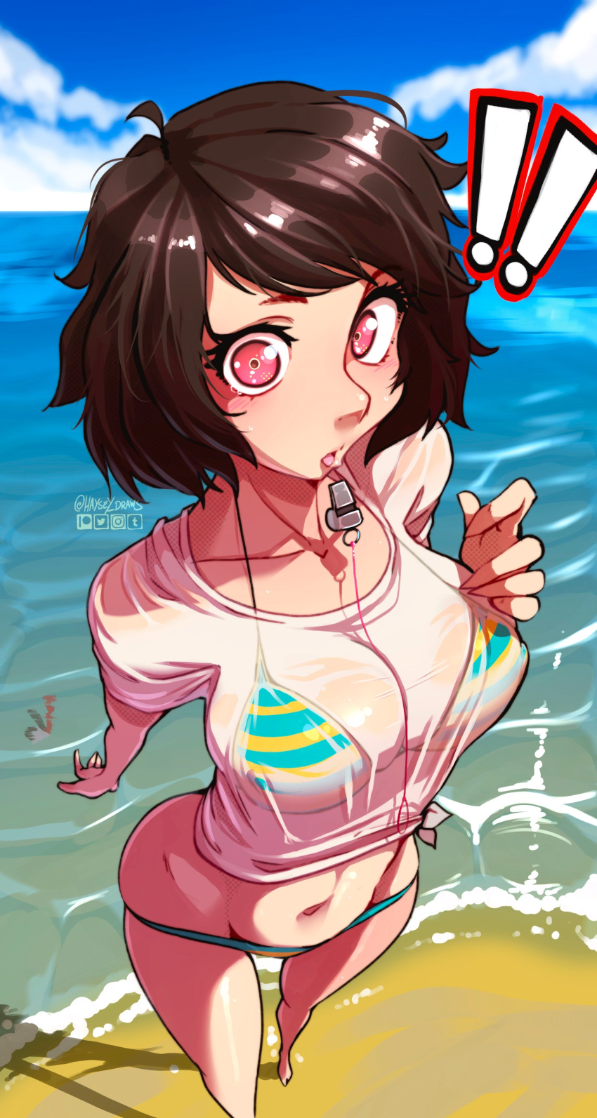 ! !! 1girls atlus beach bikini breasts brown_hair cleavage female female_only haysey_draws looking_at_viewer medium_breasts megami_tensei ocean open_mouth outdoors persona persona_5 pink_eyes sadayo_kawakami see-through shirt shocked solo swimsuit swimwear wet_clothes wet_shirt whistle wide_hips