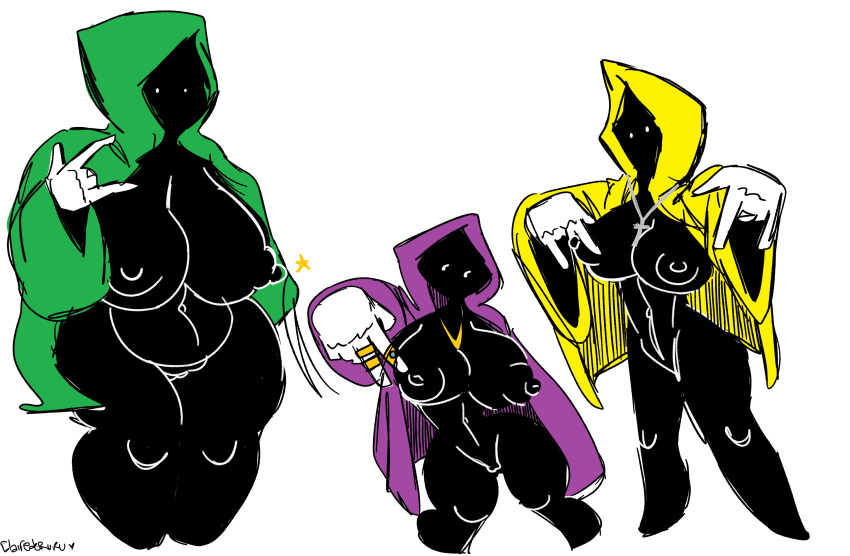 3girls absurd_res black_body black_skin clairederuru cloak cross cross_necklace eyes_only female female_only gang_signs gold_necklace green_cloak green_hood hi_res hood hooded meme multiple_girls naked naked_female necklace nude nude_female purple_cloak purple_hood shadow_wizard_money_gang star we_love_casting_spells white_background yellow_cloak yellow_hood