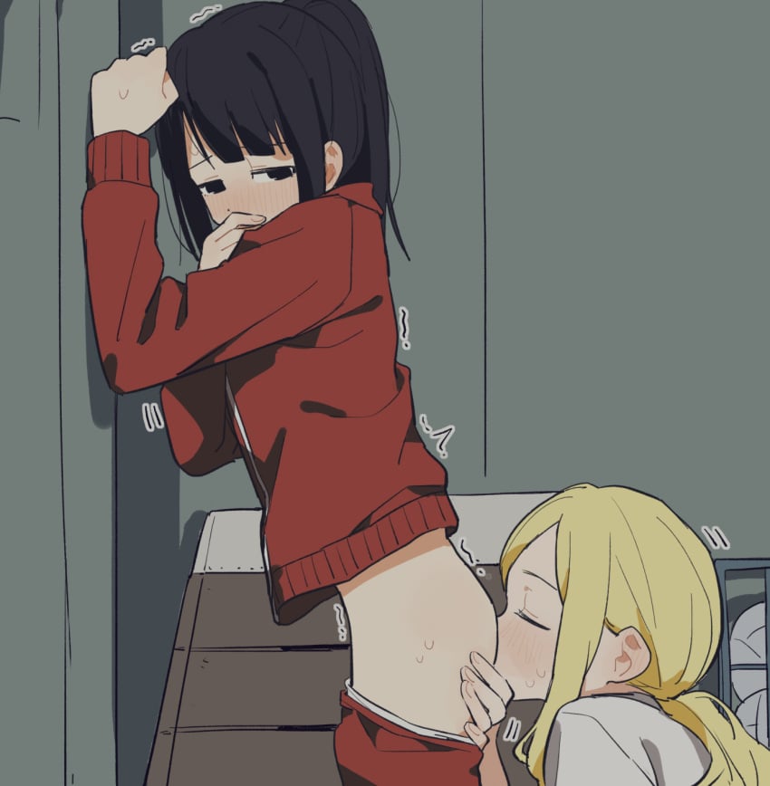 2girls against_wall arm_support black_hair blonde_hair blush carol_olston closed_eyes clothes_pull coldcat. covering_mouth cowboy_shot cunnilingus dot_nose female female_only from_side gundou_misuzu gym_storeroom hand_up high_ponytail highres indoors jacket long_bangs long_hair looking_at_another looking_back misuzu_gundou motion_lines multiple_girls nose_blush oral pants pants_pull parted_bangs raised_eyebrows red_jacket red_pants shirt sidelocks standing standing_cunnilingus sweat tomo-chan_wa_onna_no_ko track_jacket track_pants trembling white_shirt yuri