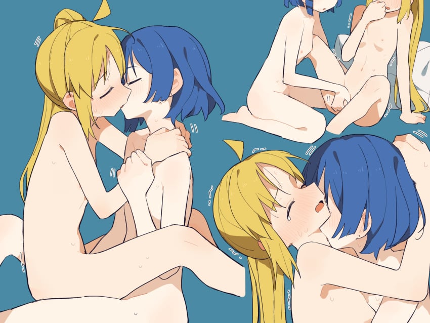 2girls :o ahoge arm_support blonde_hair blue_hair blush bocchi_the_rock! breasts closed_eyes coldcat. collarbone completely_nude covering_mouth cropped_legs earrings female female_only fingering fingering_partner flat_chest flat_color hair_between_eyes hair_ornament hairclip hand_around_neck highres holding_another's_wrist ijichi_nijika jewelry kissing kissing_neck leaning_to_the_side long_bangs long_hair mole mole_under_eye multiple_girls multiple_views nose_blush nude open_mouth pillow short_hair side_ponytail sidelocks sitting sitting_on_lap sitting_on_person spread_legs stud_earrings sweat tearing_up trembling tribadism yamada_ryou yuri