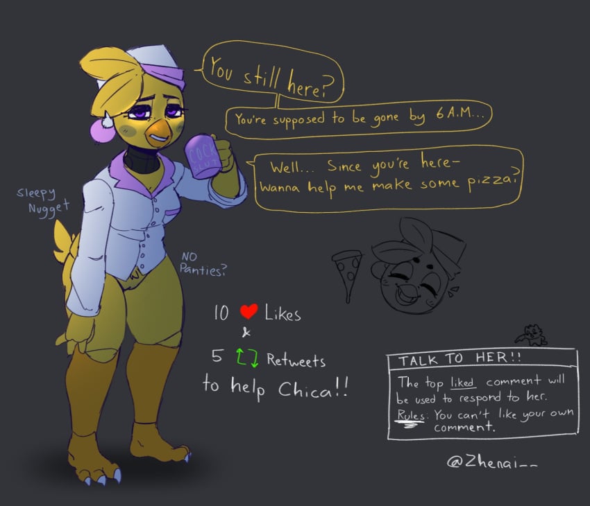 1girls anthro avian beverage bird bottomless chica_(fnaf) chicken clothed clothing coffee comedy female five_nights_at_freddy's funny galliform gallus_(genus) hi_res humor nightgown part_of_comic phasianid scottgames solo zhenai